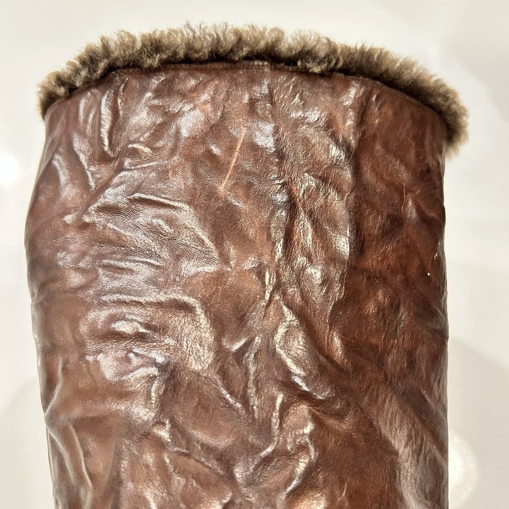 Henri Cuir Long Boots Rare Brown Leather Side Zip Fur Trim Wedge Heel Size 7 38 - Picture 5 of 13